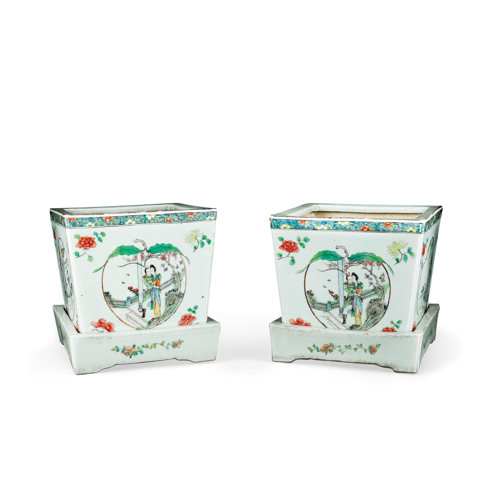 A pair of Qing Dynasty famille rose flowerpots with openwork figures and stories. (1 of 10)