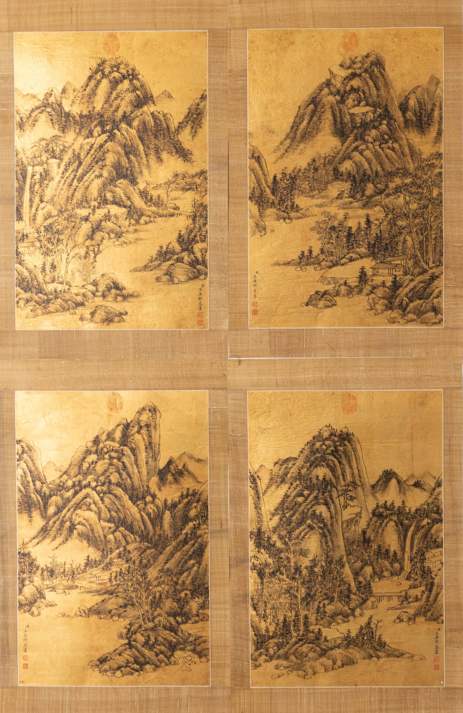 Four Landscape Screens by Wang Yuanqi of the Qing Dynasty: L: 60cm W: 38.5cm x 4