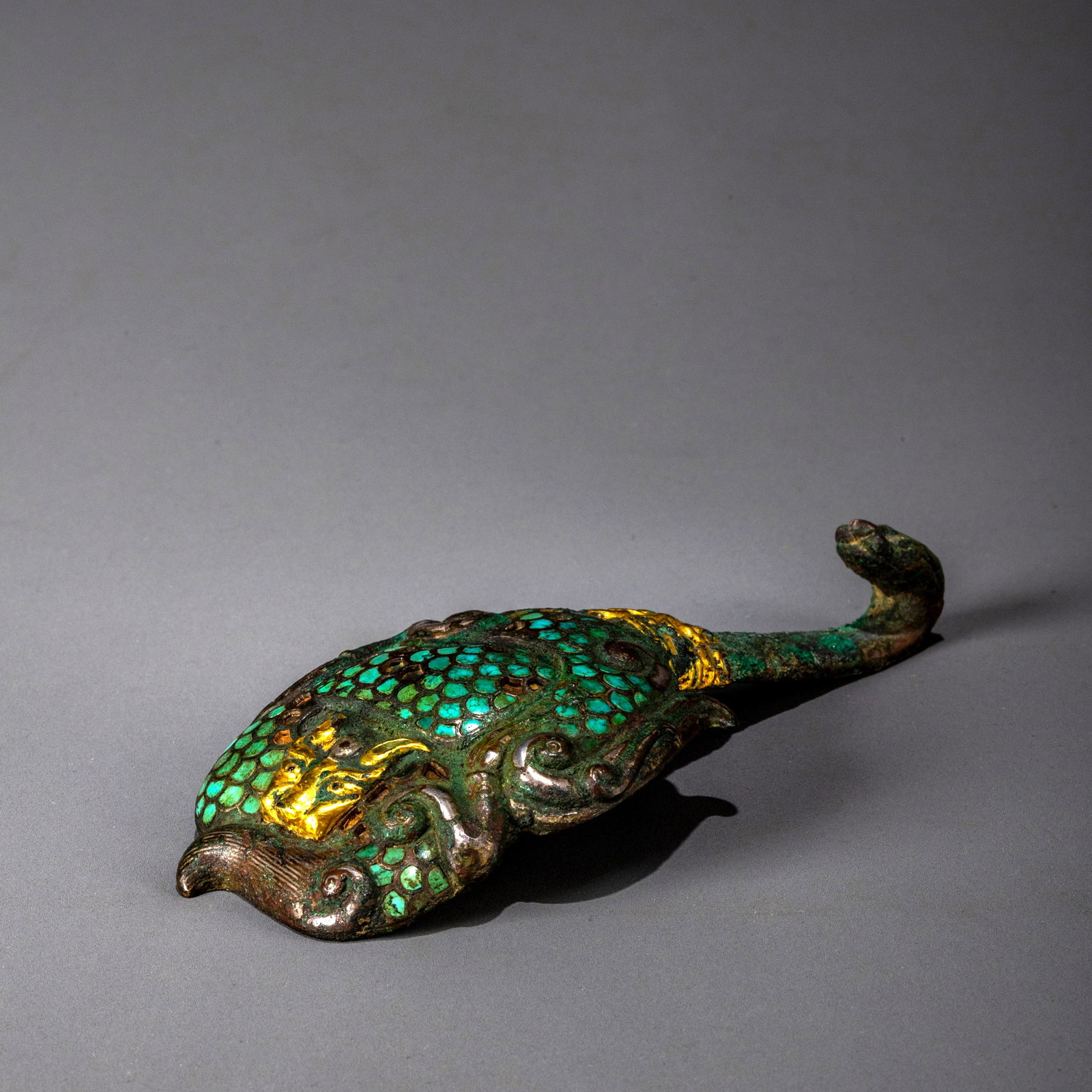 Warring States Period Bronze Belt Hook Inlaid with Gold and Silver and Turquoise: L: 13.5cm W: 6cm