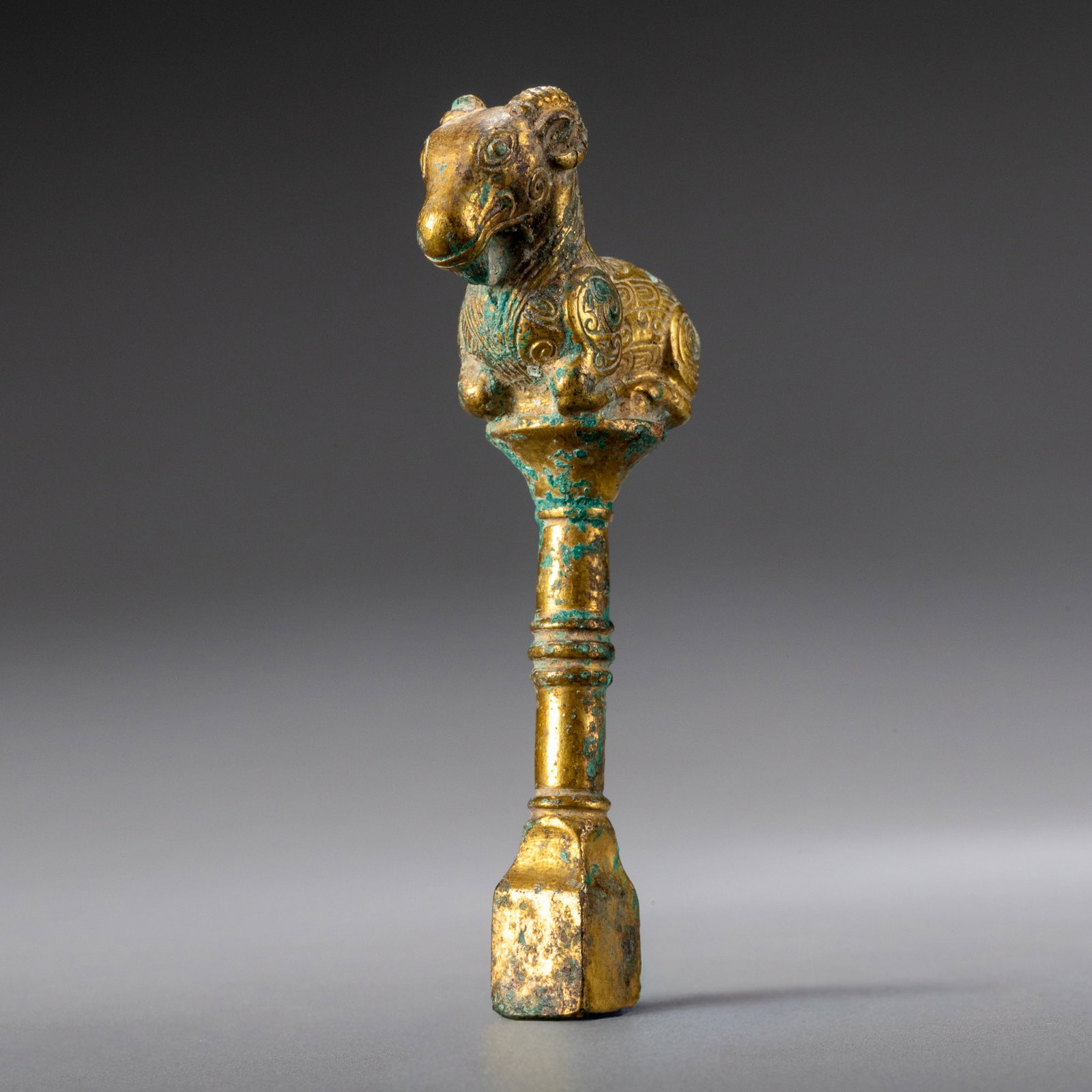 Han Dynasty Gilt Bronze Reclining Sheep Qin (a type of Chinese stringed instrument) Pegs and Keys: H: 9cm W: 4cm