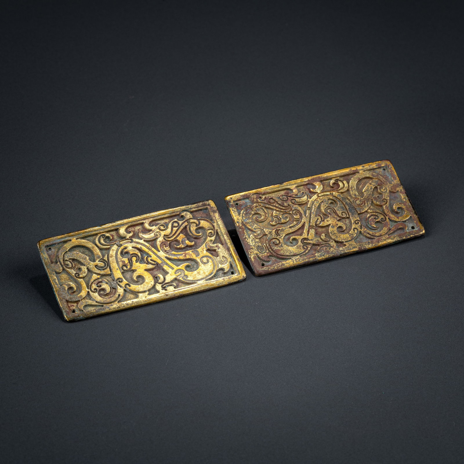 Warring States Period Gilded Bronze Plate with Chi Dragon Design: L: 3.5cm W: 6.8cm x2