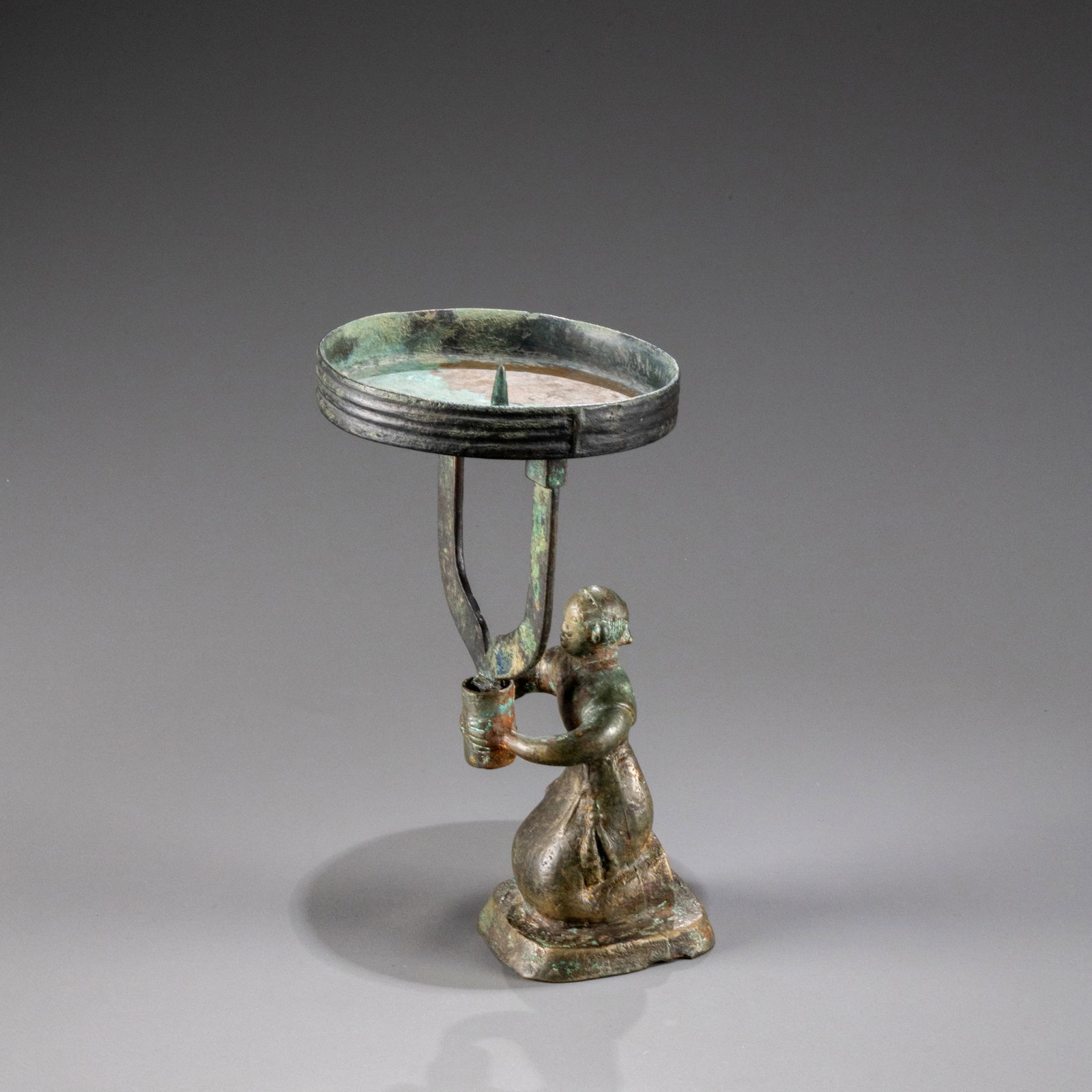 Warring States Period Bronze Kneeling Figure Holding a Lamp: H: 21cm W: 12cm