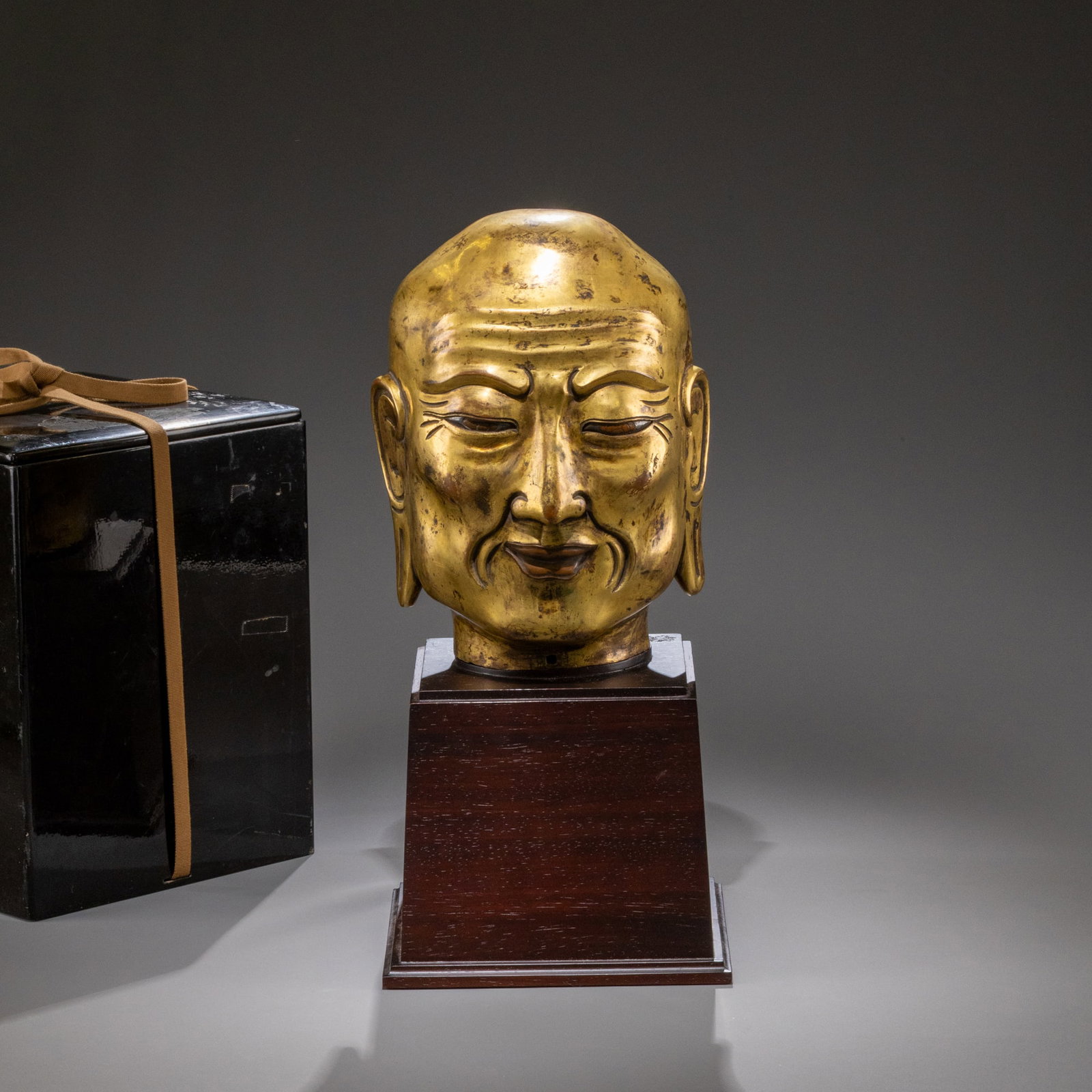 Ming Dynasty Gilt Bronze Buddha Head Inlaid with Silver and Red: H: 25cm W: 19.5cm