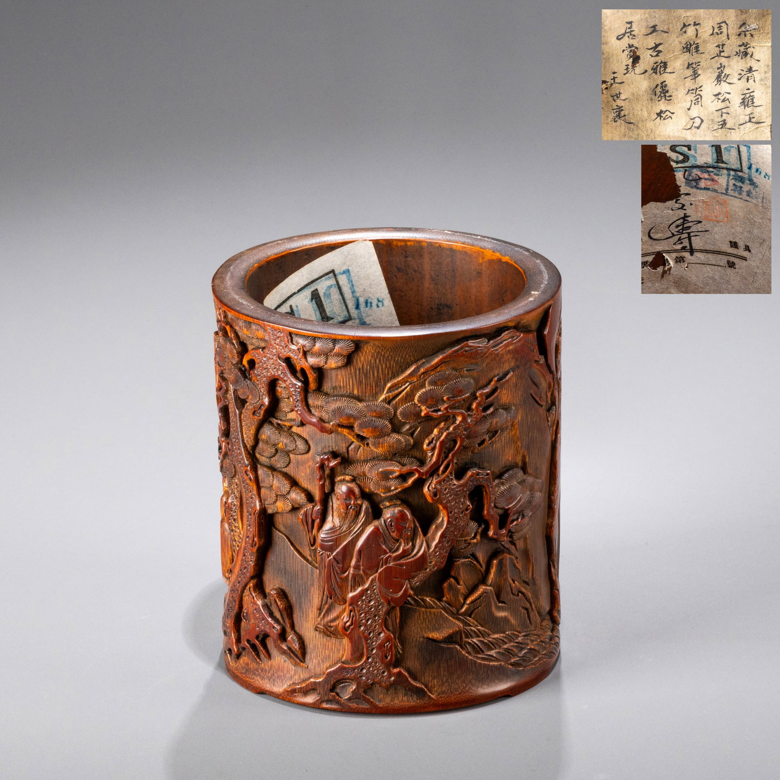 Wang Shixiang's collection of bamboo pen holders carved with the image of the Five Elders Under Pine: H: 14.5cm W: 12cm