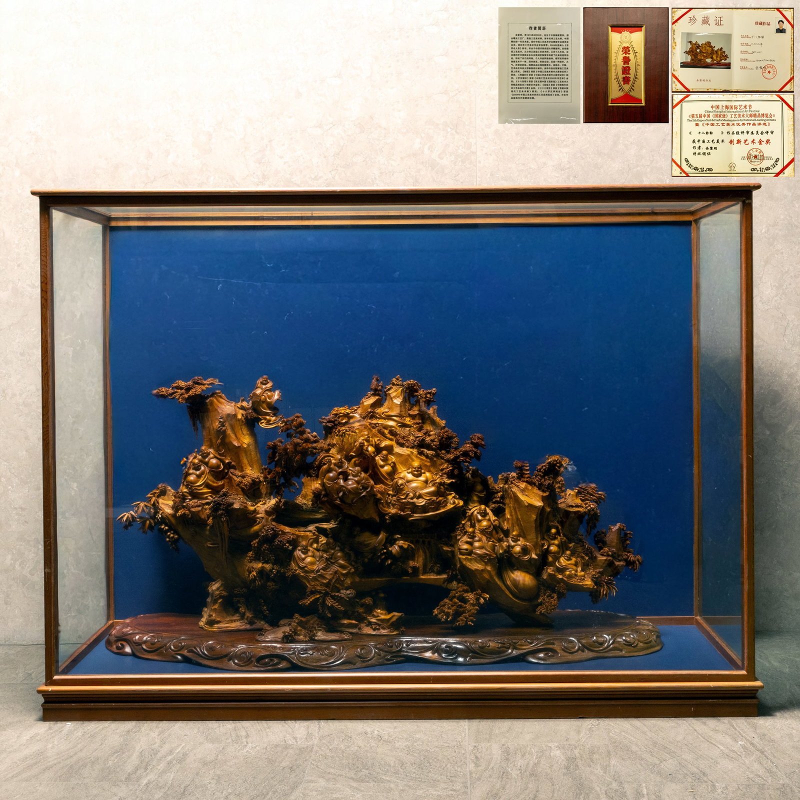 Yu Liming's sandalwood carving of eighteen Maitreya Buddhas: W: 115cm H: 58cm