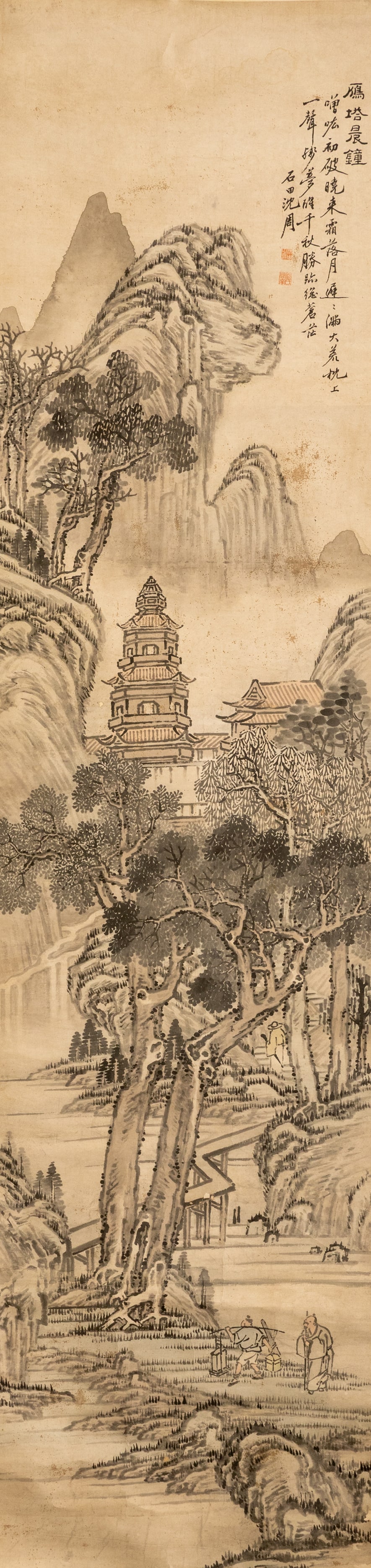 Ming Dynasty Shen Zhou Wild Goose Pagoda Morning Bell: L: 230cm W: 56cm