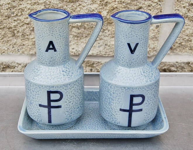Nice Antique Ceramic Church Cruet Set With Tray