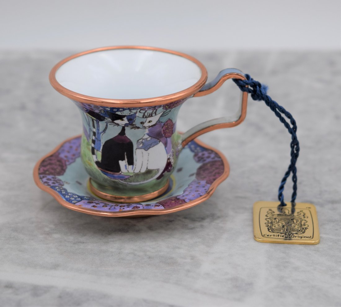 Charlotte Di Vita Purple Cats Tea Cup, Saucer (#333): This is a vintage Charlotte Di Vita Purple Cats Collectible Tea Cup with Saucer. Hand painted enamel. Edition number 333. Copyright 2004. You are bidding on the tea cup with the saucer plate together