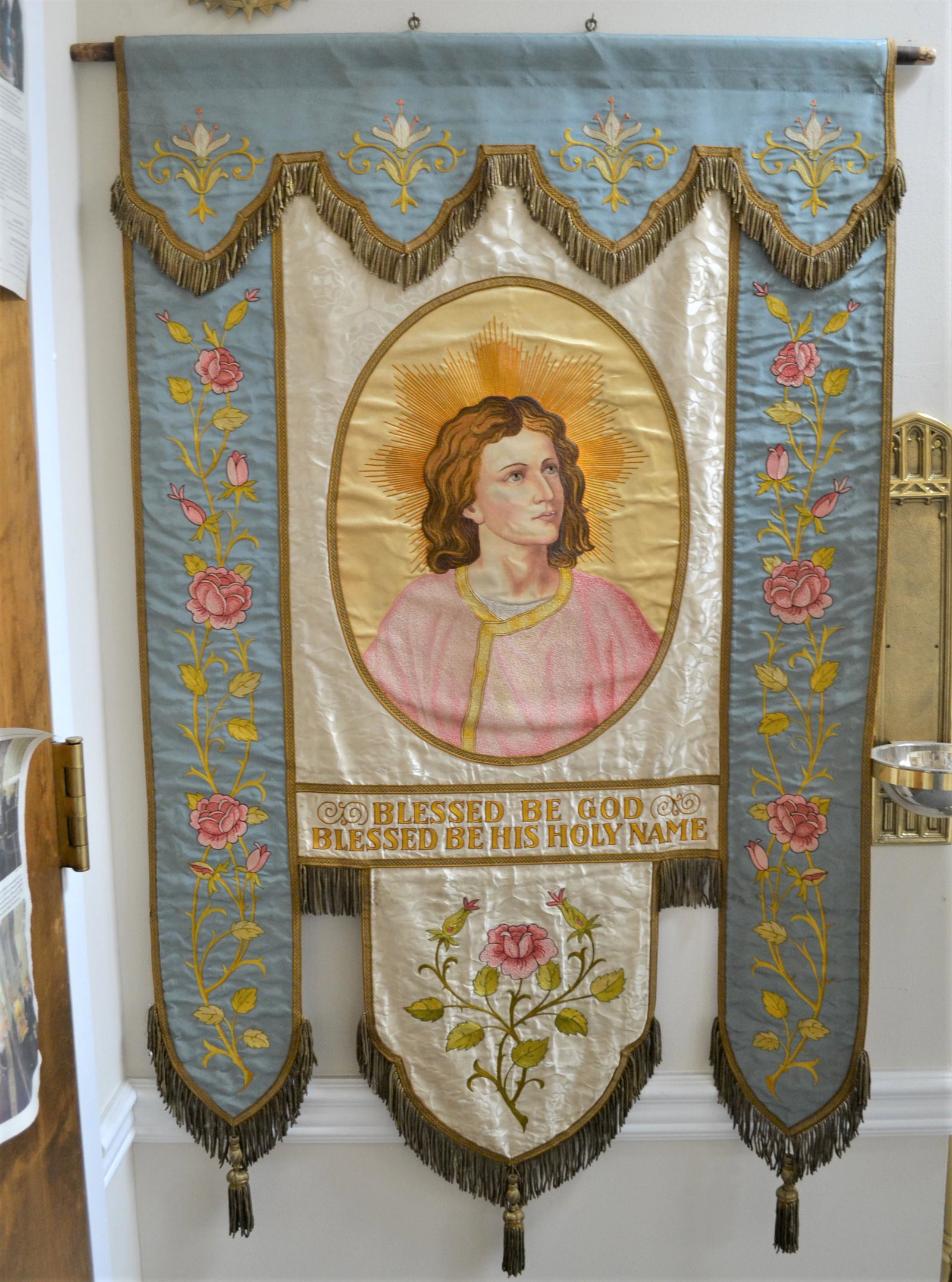 Hand Embroidered Holy Name Society Banner on Pole: This is a nice older embroidered church banner on the original wood pole. 'Holy Name Society IHS Banner. The banner measures 50 1/2" ht x 20 1/2"' wide. The wood rod on top is 33" long from end to end