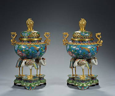 Qing Dynasty, Cloisonne, Crane, Incense Burner: H. 39 cm.W. 22 cm.Weight. 13.6 kg.