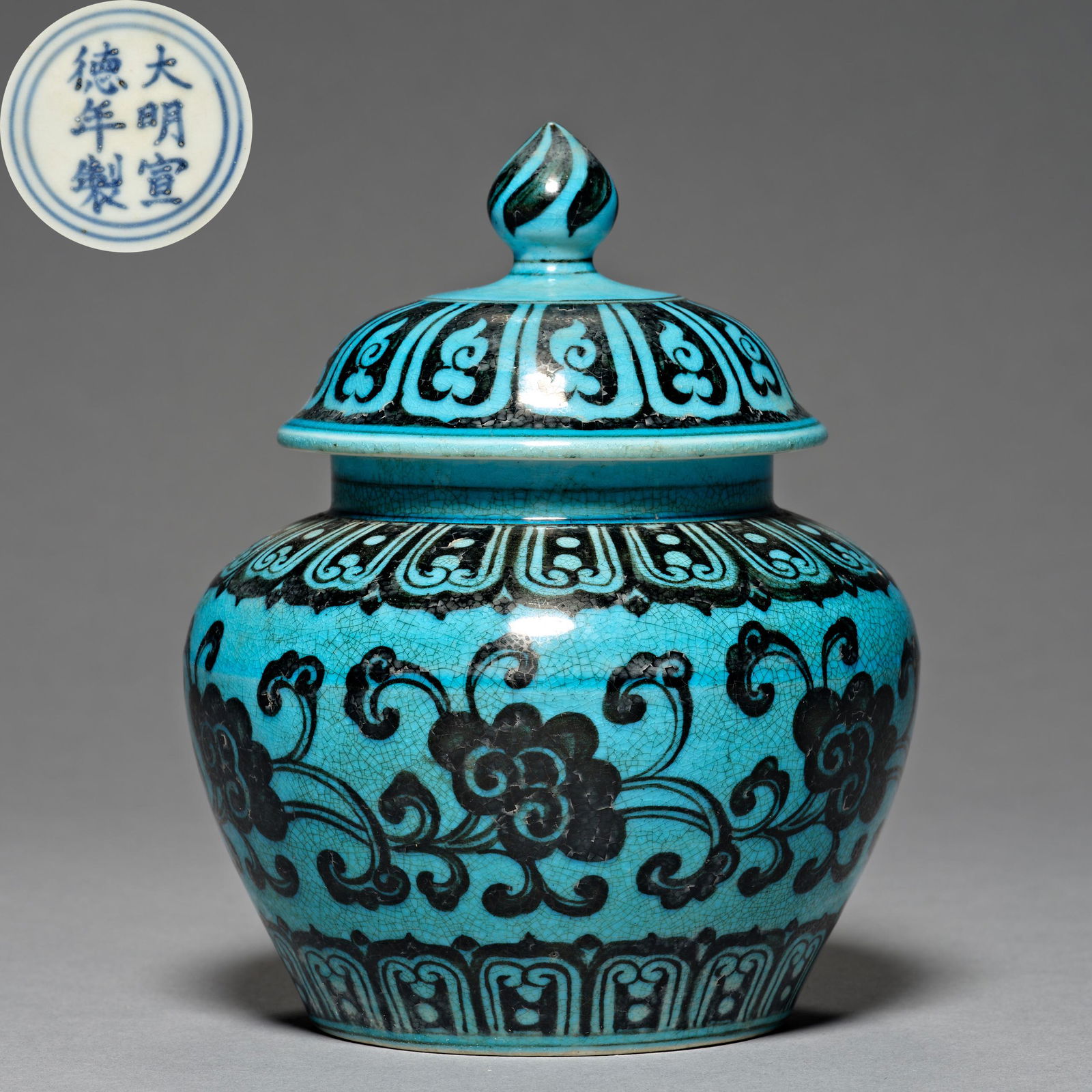 Ming Dynasty Xuande, peacock blue glaze color, flower decoration, Jar (1 of 8)