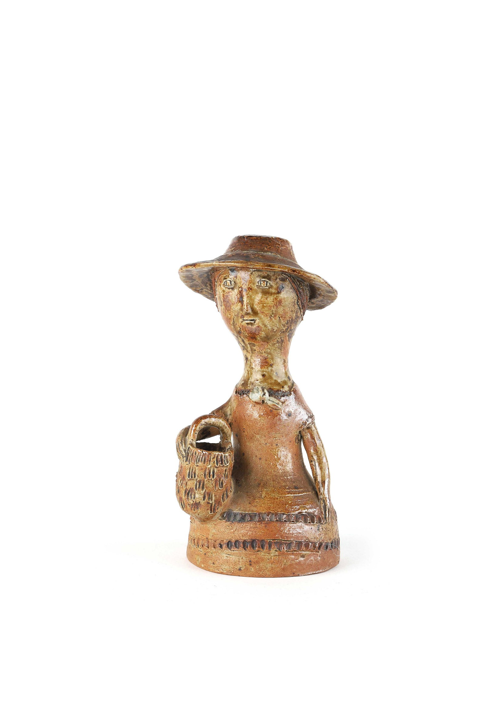 Jean LERAT (1913-1992): Femme au panier Grès Signé Lerat H. : 17 cm. Circa 1960 Woman with basket Sandstone Signed Lerat H. : 6.69 in.