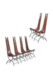 Sido (1934-1986) & François (1931-2016) THÉVENIN: Suite de 6 chaises Cuir, métal, fer Estampillés 131 x 50 x 45 cm. Sawaya & Moroni, circa 1975 Références : - Catalogue de l’exposition, Styles 85, Alternatives, 1985, fauteui
