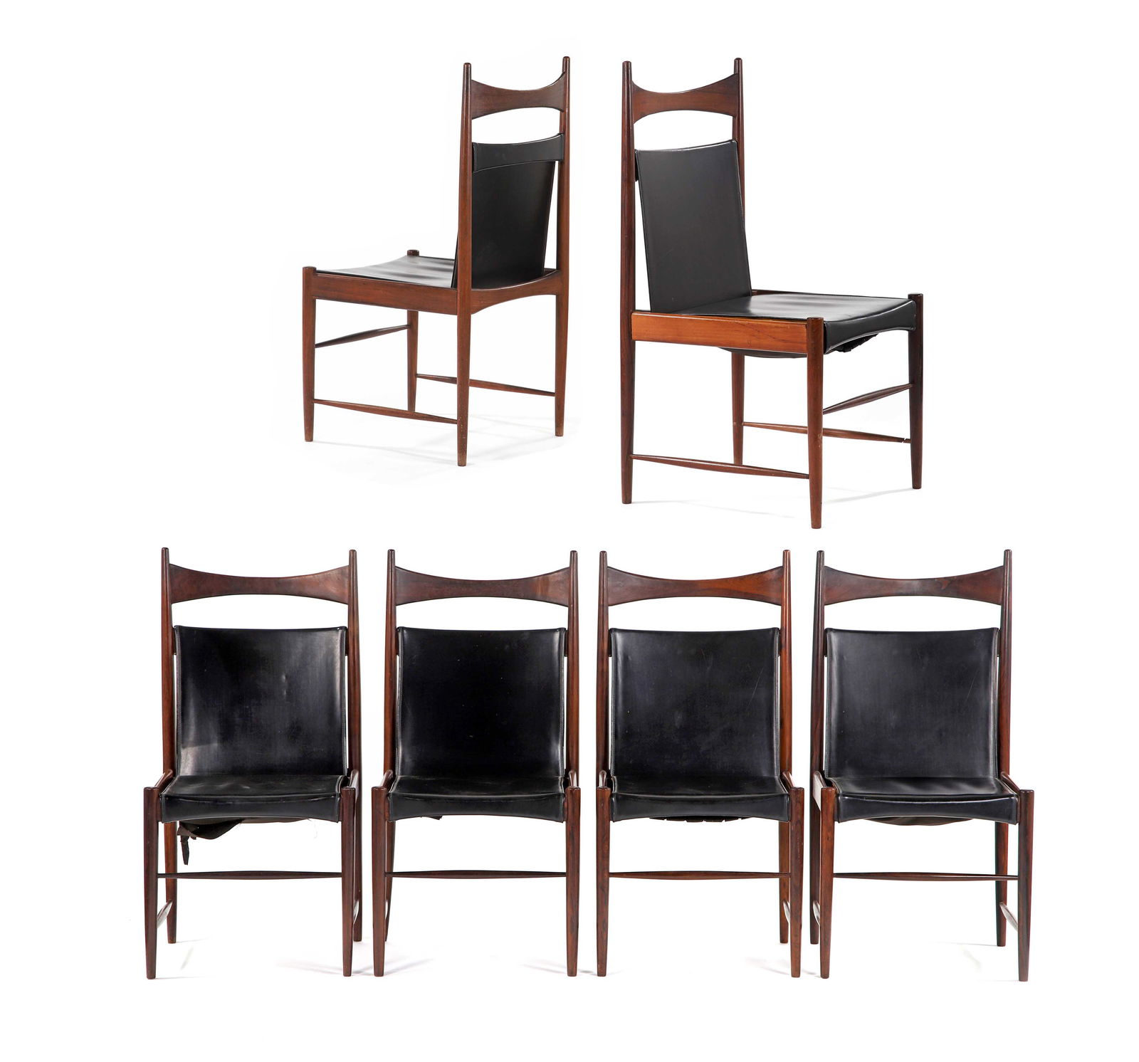 Sergio RODRIGUES (1927-2014): Suite de 6 chaises dites Cantu Palissandre, cuir 98 x 50 x 53 cm. Oca, circa 1958 Références : - Maria Cecilia Loschiavo dos Santos, Modern furniture in brazil, Olhares, 2015, p. 176. - Mari