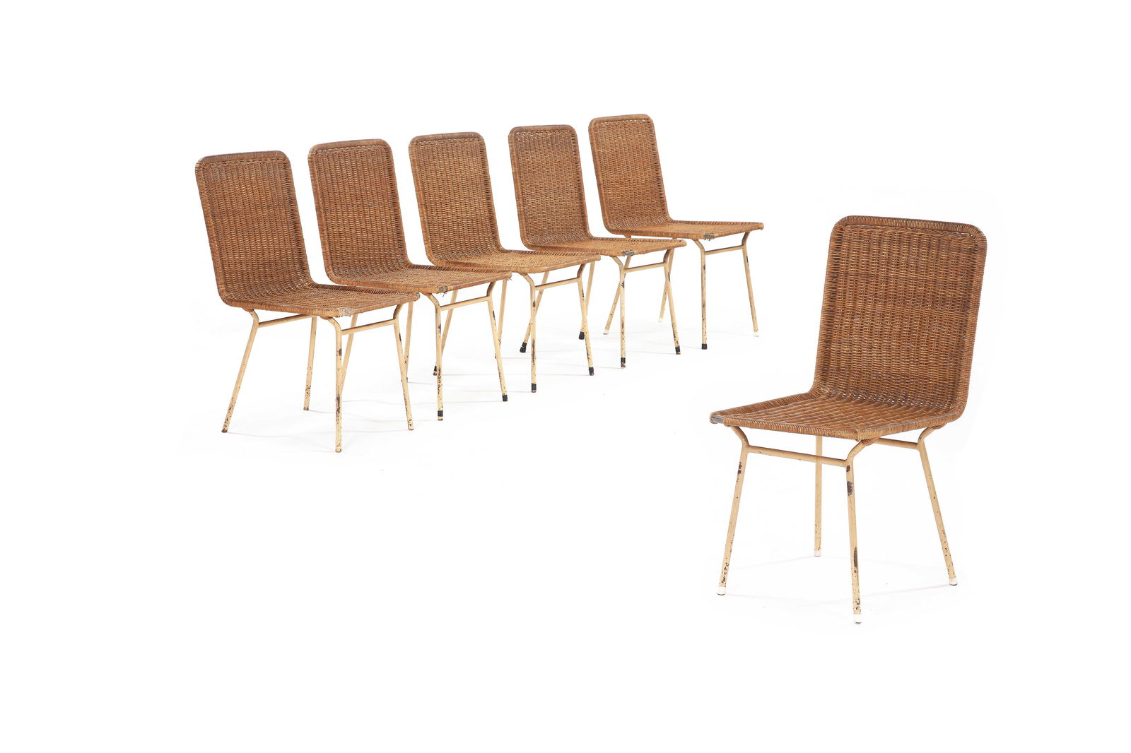 Carlo HAUNER (1927-1997): Suite de 6 chaises Métal, rotin 82 x 43 x 52 cm. Moveis Artesanal, circa 1955