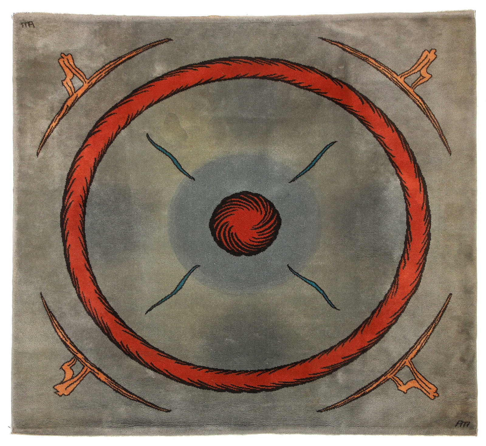 Pascal MOURGUE (1943-2014): Tapis dit Espace du temps Laine 200 x 200 cm Toulemonde Bochart, circa 1980