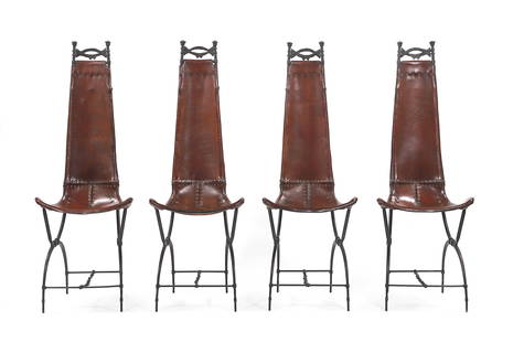 Fran&#231;ois (1931-2016) et Sido THEVENIN (1934-1986): Suite de six chaises &#224; haut dossierStructure m&#233;tal et fer laqu&#233; noir, rev&#234;tement en cuir fauveH. : 131 cm. L. : 50 cm. P. : 45 cm.Sawaya & Moroni, circa 1975R&#233;f&#233;rences :-