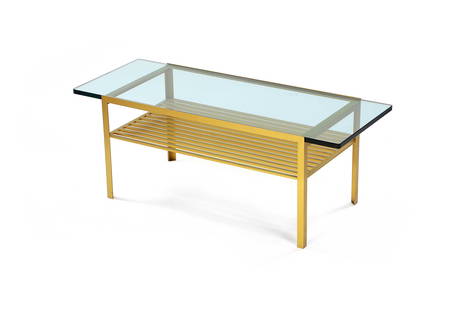 Jules WABBES (1919&#8211;1974): Table basse dite GrilleStructure en acier dor&#233;, plateau en verreH. : 42.5 cm. L. : 86 cm. P. : 44 cm.Circa 1954