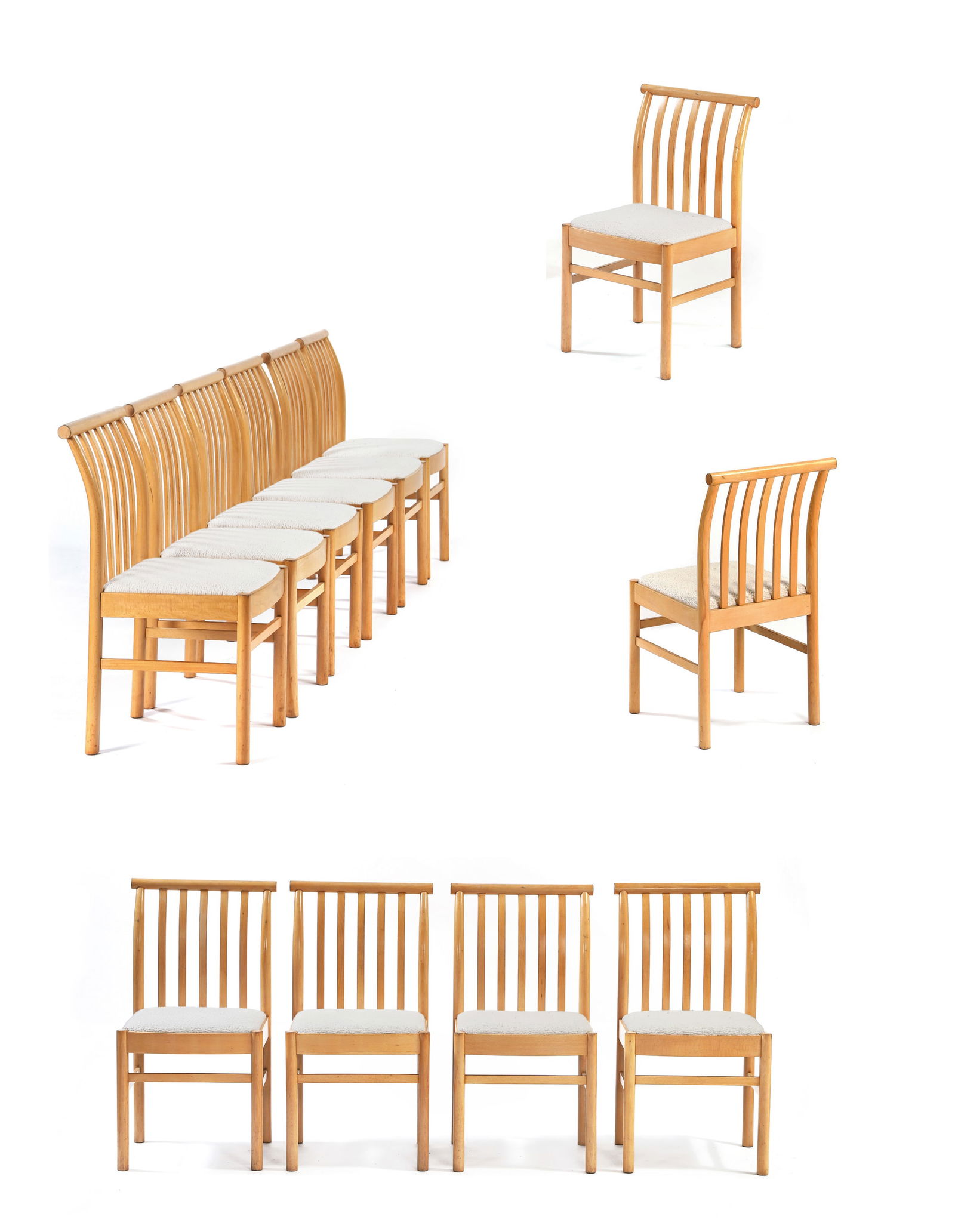 Isamu KENMOCHI (1912-1971)Suite de douze chaises à structure en érable, revêtement en: Isamu KENMOCHI (1912-1971)Suite de douze chaises à structure en érable, revêtement en drap de laine blancH. : 78 cm . - L. : 42 cm. - P. : 42 cm.Editeur Akita Mokko, circa 1960Bibliogra