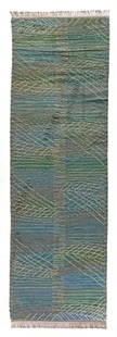 Barbro NILSSON (1899-1983) Tapis rectangulaire modÃ¨le Marina, circa 1956, en laine: Barbro NILSSON (1899-1983) Tapis rectangulaire modÃ¨le Marina, circa 1956, en laine polychrome Ã dÃ©cor gÃ©omÃ©trique. MonogrammÃ© dans la