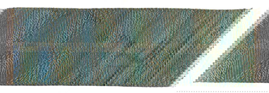Barbro NILSSON (1899-1983): Tapis rectangulaire modèle Marina, circa 1956, en laine polychrome à décors géométriques. Monogrammé dans la trame AB MMF et BNH. : 482 cm. - L. : 162 cm.Tissé par l