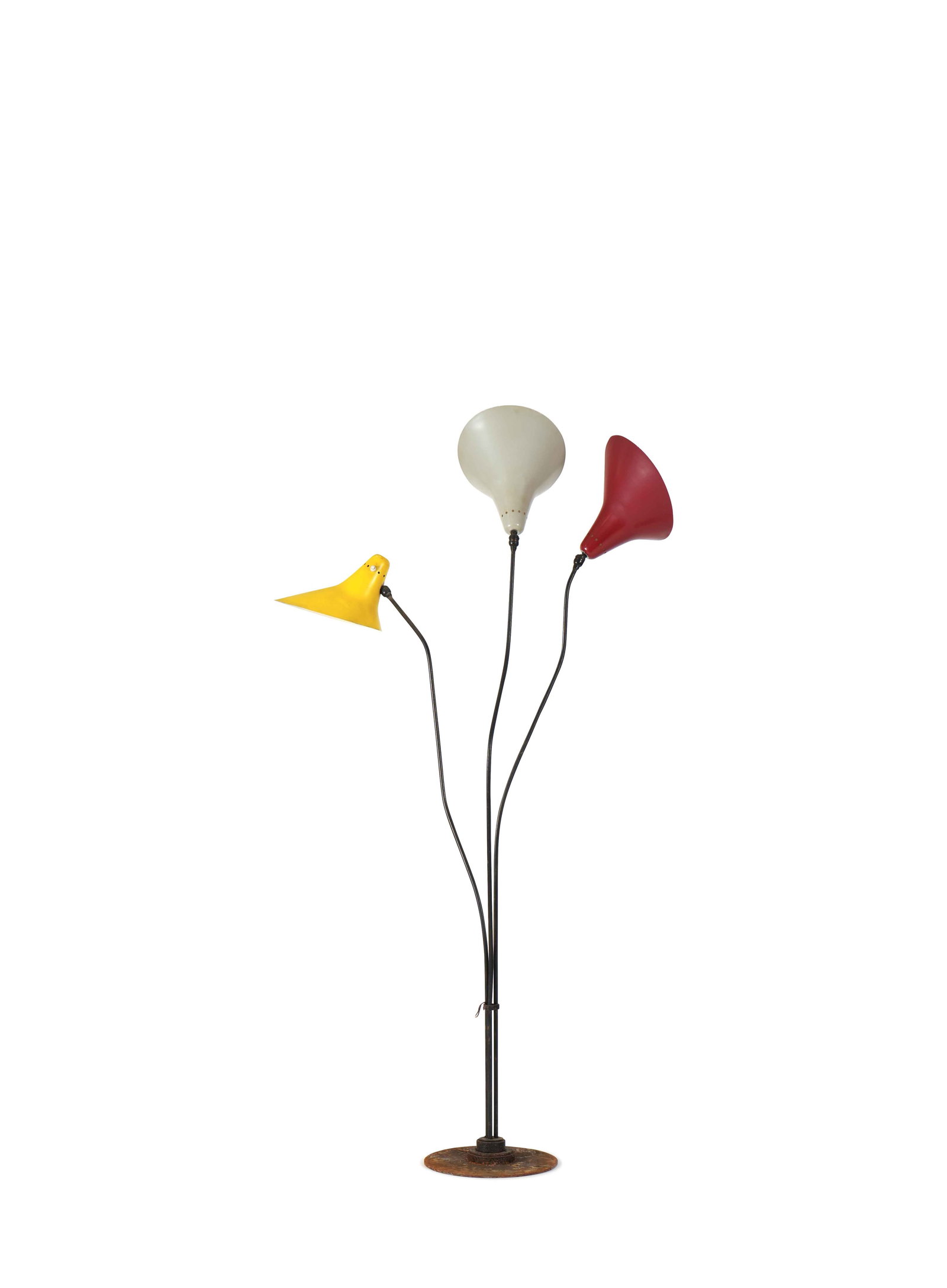 Jean Boris LACROIX (1902-19: Jean Boris LACROIX (1902-1984)Lampadaire, 1954, à trois réflecteurs articulés en aluminiumlaqué jaune, rouge et gris, disposé sur des bras ajustables enmétal tubulaire la