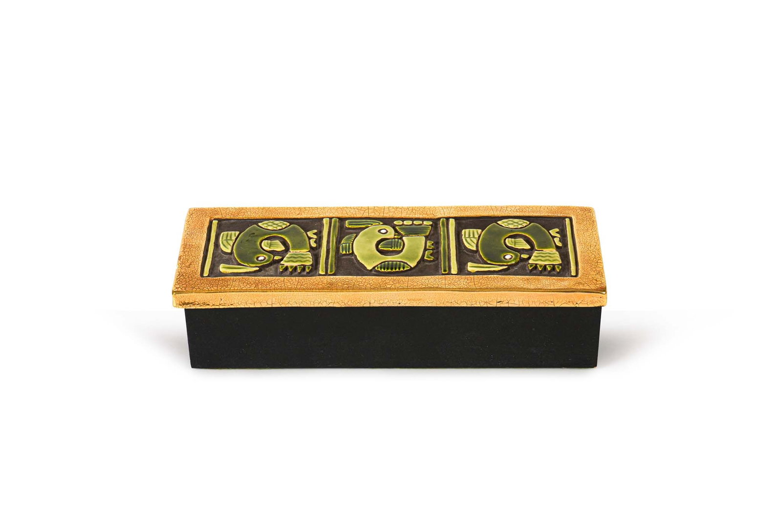 Mithé ESPELT (1923-2020): Mithé ESPELT (1923-2020)Boite à bijoux, à couvercle en céramique estampée et émaillée vert et or craquelé à décor d’oiseaux disposé sur