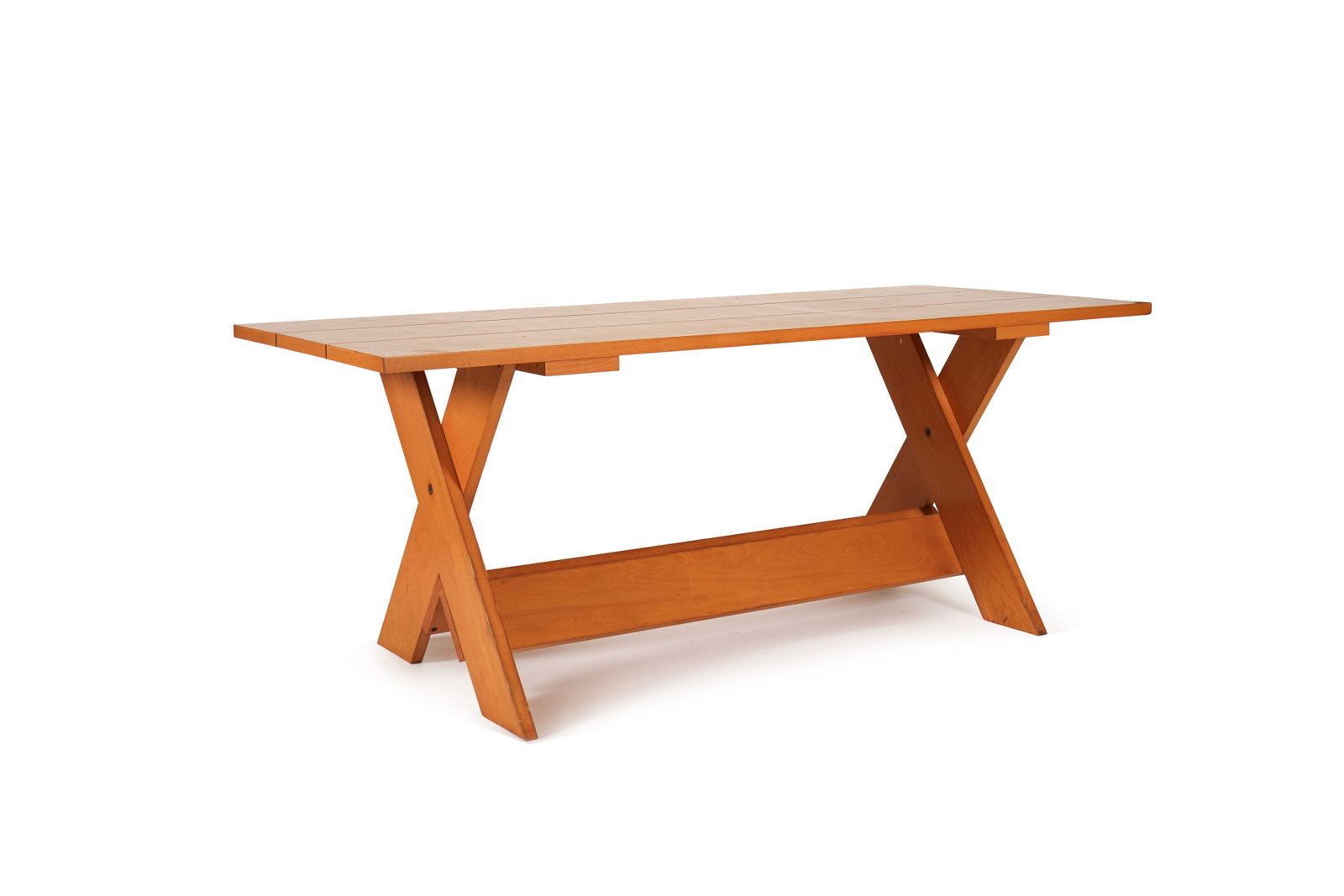 GERRIT RIETVELD (1888-1964): Table de salle à manger de la collection Crate, circa 1980, en hêtre, à plateau rectangulaire en lattes, disposé sur un double piètement en X joint par une double