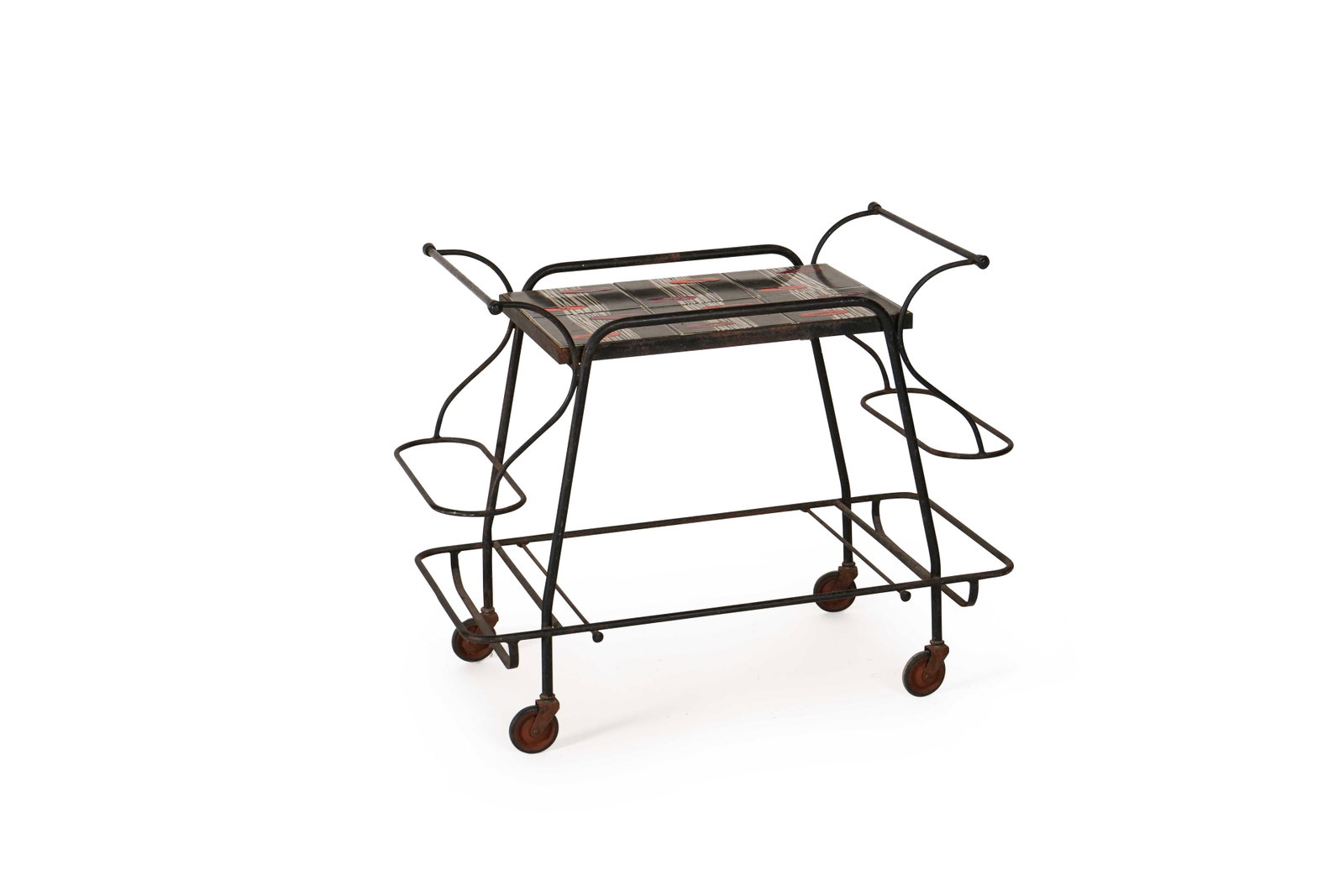 TRAVAIL FRANÇAIS (XX): Table servante, circa 1955, à plateau rectangulaire orné de carreaux de céramique en tôle perforée disposés sur une structure tubulaire en métal laqué noir form