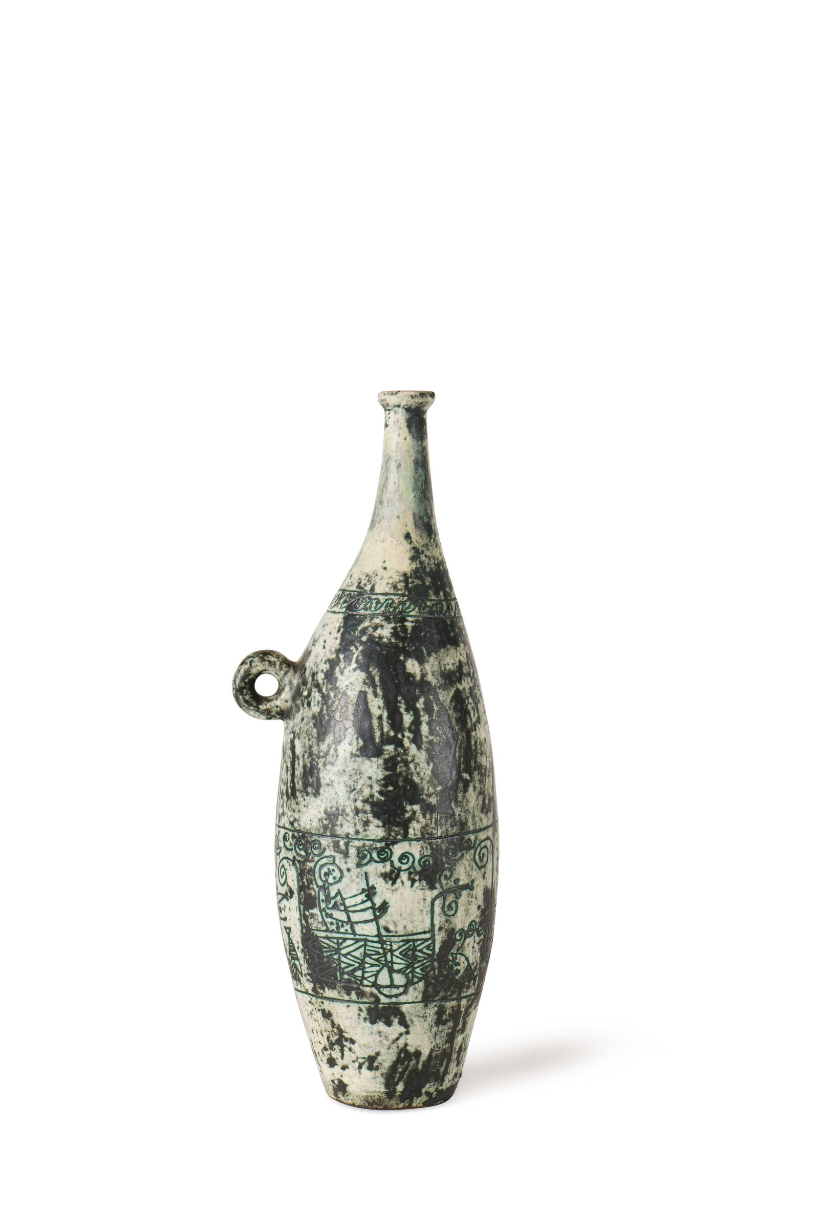 JACQUES BLIN (1920-1995): Importante bouteille à anse détachée, circa 1955Épreuve en céramique émaillée vert et noir.H. : 40 cm. - D. : 12 cm.Signé sur l’enversBibliographie : -