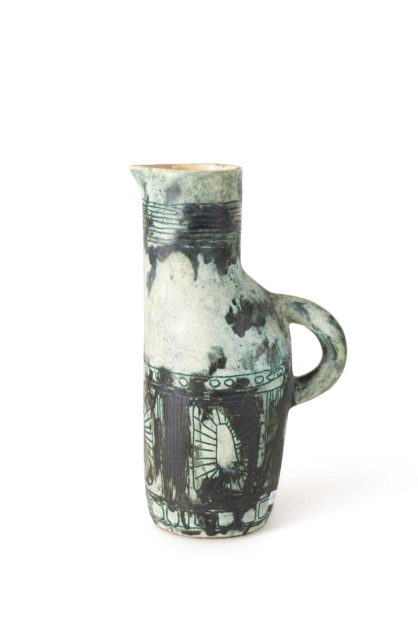 JACQUES BLIN (1920-1995): Pichet à anse détachée, circa 1960Épreuve en céramique émaillée vert et noir.H. : 33 cm. - D. : 18 cm.Signé sur l’enversBibliographie : - Christine