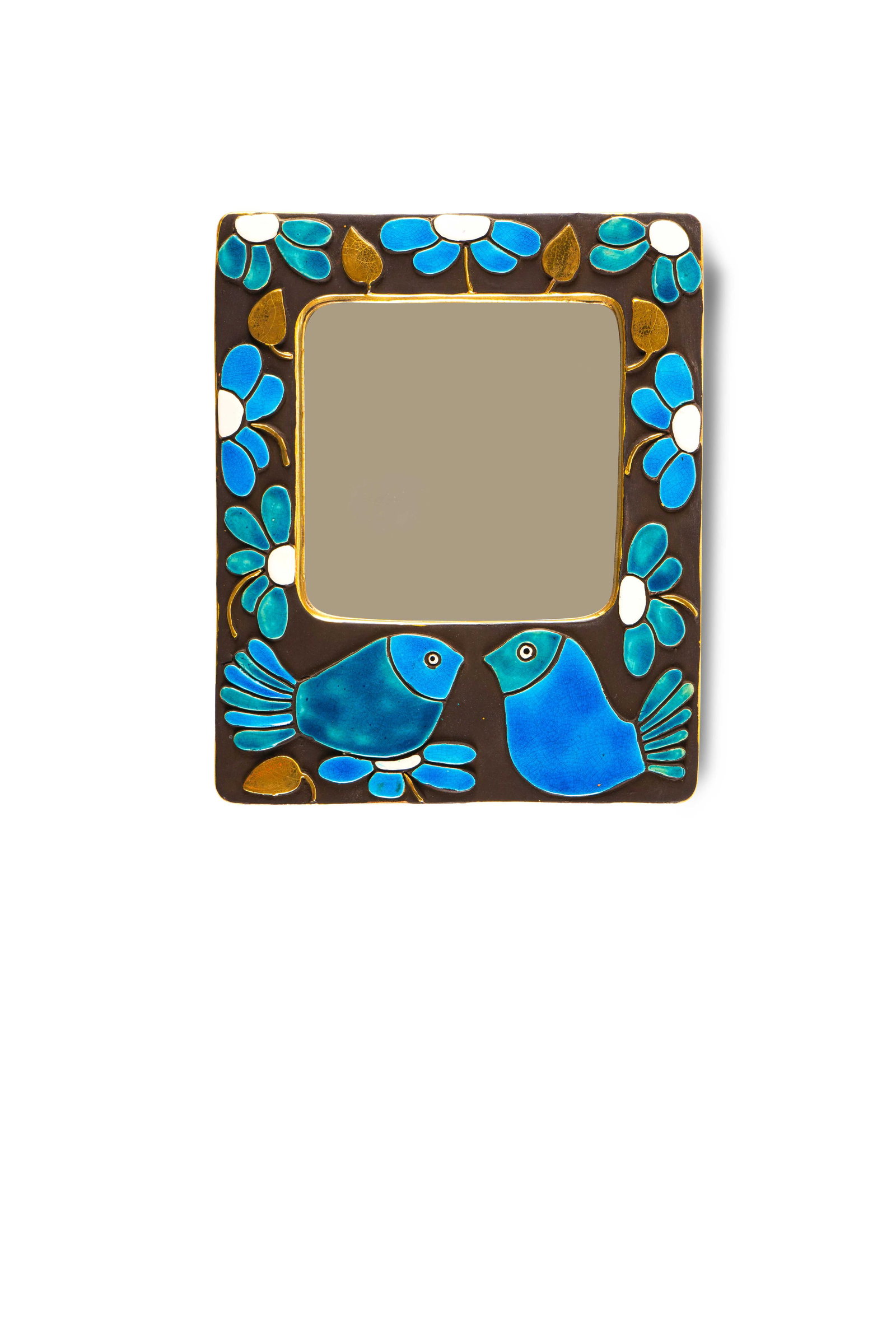 Mithé ESPELT (1923-2020): Miroir mural rectangulaire à décor floral et d'oiseauxÉpreuve en terre estampée et émaillée bleu, blanc, or et chocolatH. : 26 cm. - L. : 21.5 cm.
