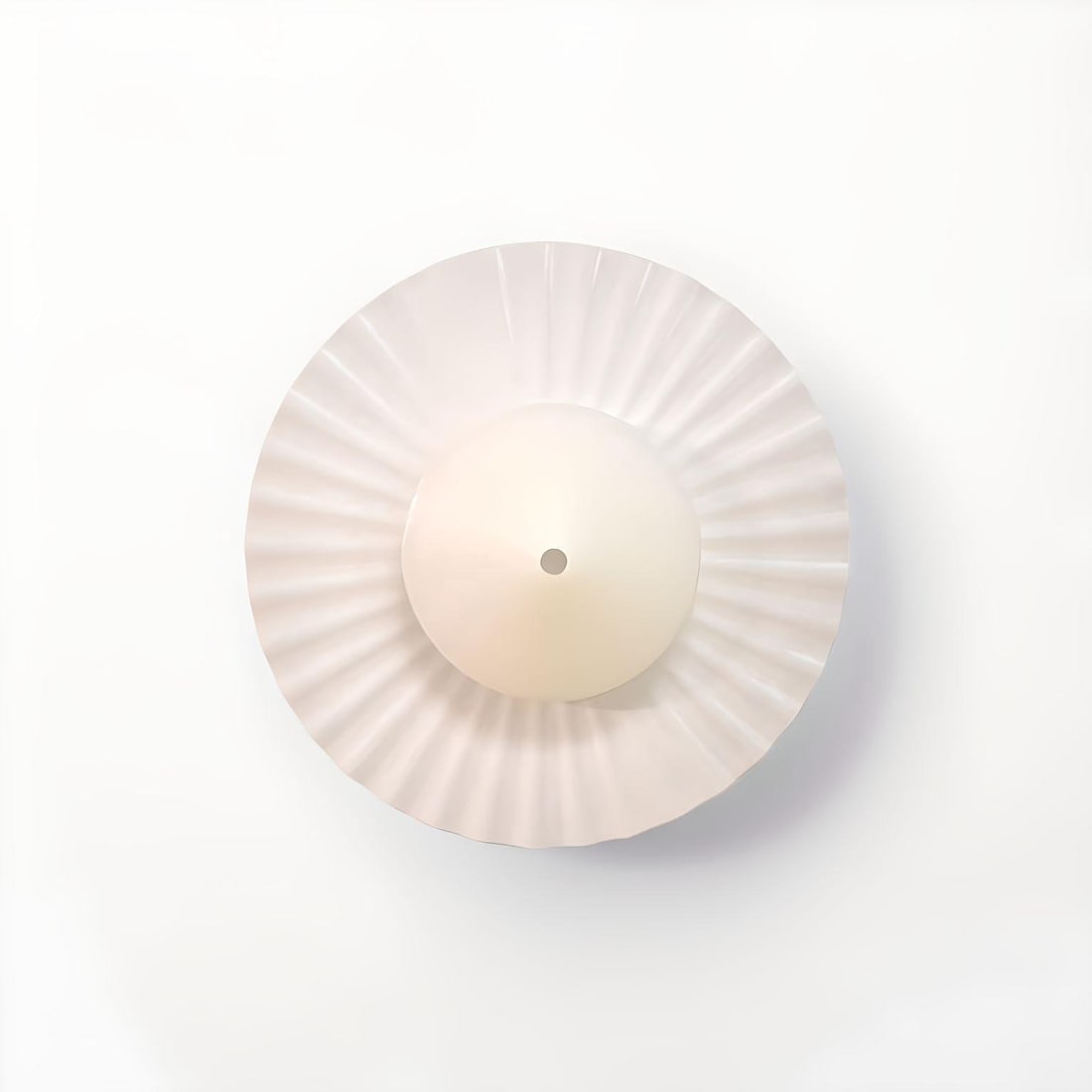 Achille CASTIGLIONI (1918-2002): Plafonnier ou applique modèle Riplisse à diffuseur conique en verre opalin disposé sur une structure circulaire en métal plissé laqué blanc.D. : 58 cm.(Griffures)Edition