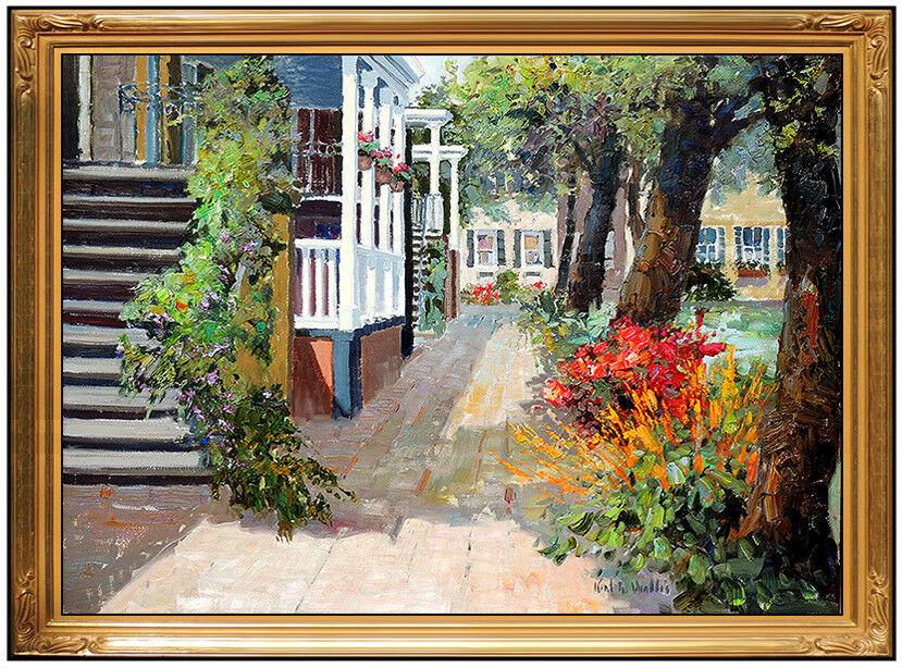 Kent Wallis Large Original Cityscape Flower Painting: This lot includes:Gallery COA & free domestic shipping (*insurance and international shipping for an additional charge)Artist: Kent WallisTitle: Color Along the WalkMedium: Oil Painting On Canvas Size
