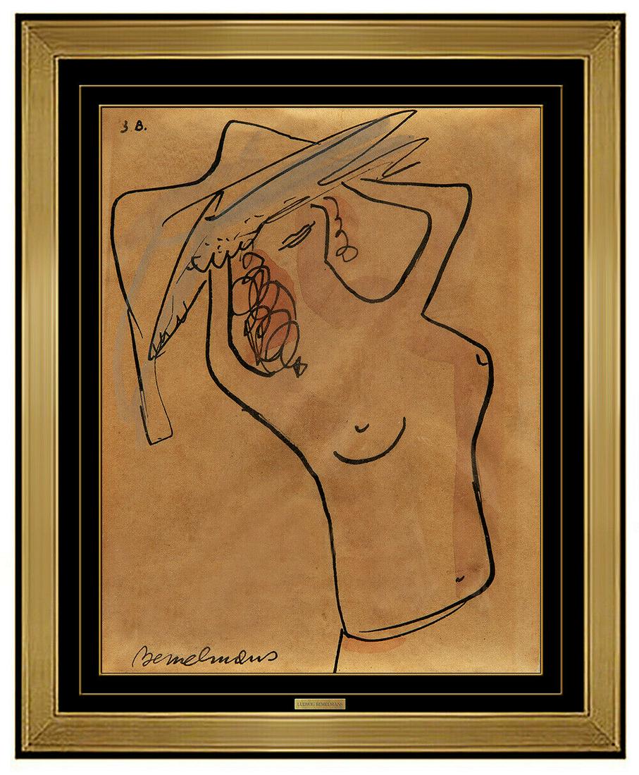 Ludwig Bemelmans Original Nude Female Painting Framed: This lot includes:Gallery COA & free domestic shipping (*insurance and international shipping for an additional charge)Artist: Ludwig BemelmansTitle: Nothing But the HatMedium: Ink and WatercolorSize:
