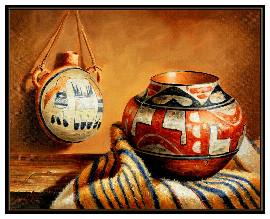 Sue Krzyston Original Oil Painting On Canvas Signed Native American Still Life: This lot includes: Gallery COA & free domestic shipping (*insurance and international shipping for an additional charge) Artist: Sue Krzyston Title: Ancient Vessels Medium: Oil Painting On Canvas Size