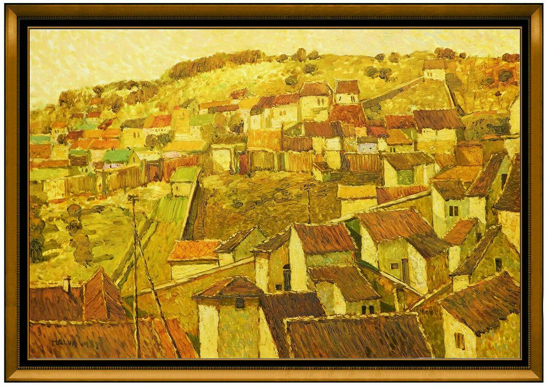 Omar Malva Large Original Oil Painting On Canvas Signed France Landscape Artwork: This lot includes:Gallery COA & free domestic shipping (*insurance and international shipping for an additional charge)Artist: Omar Malva Title: Autumn RooftopsMedium: Oil Painting On CanvasSize: 24"