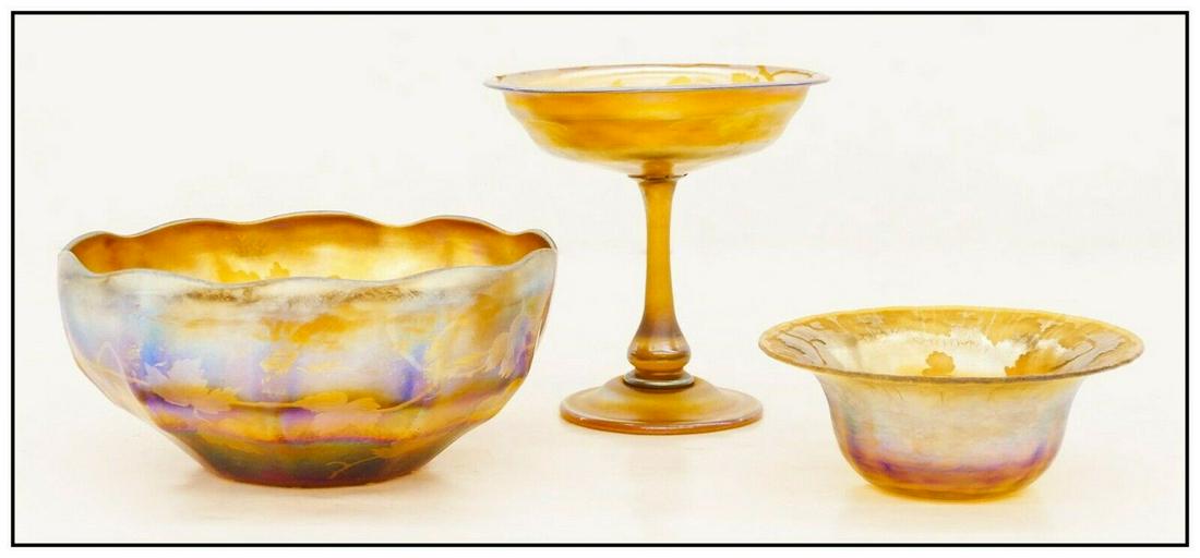 Louis Comfort Tiffany Studios 3 Piece Grape Vine Favrile Glass Set Bowl Compote (1 of 4)