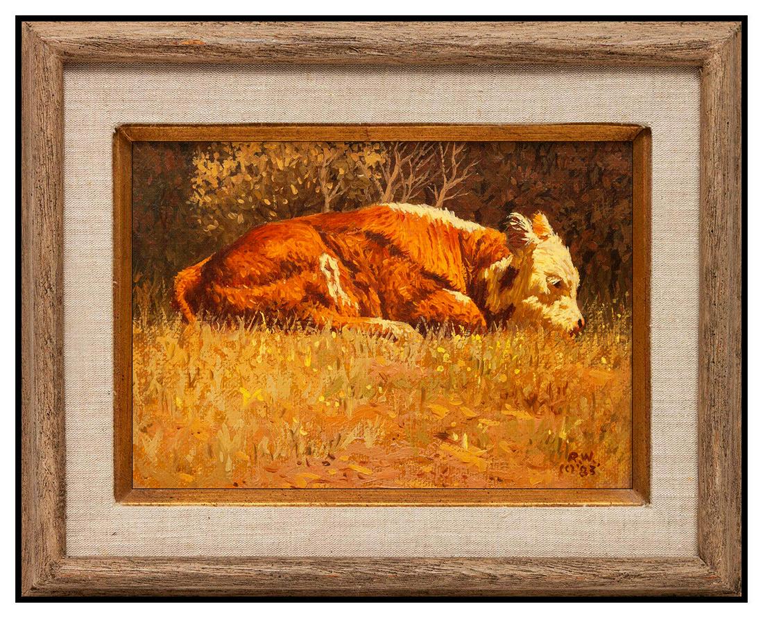 Robb Woods Rare Original Oil Painting On Canvas Signed Cow Animal Framed Artwork (1 of 5)