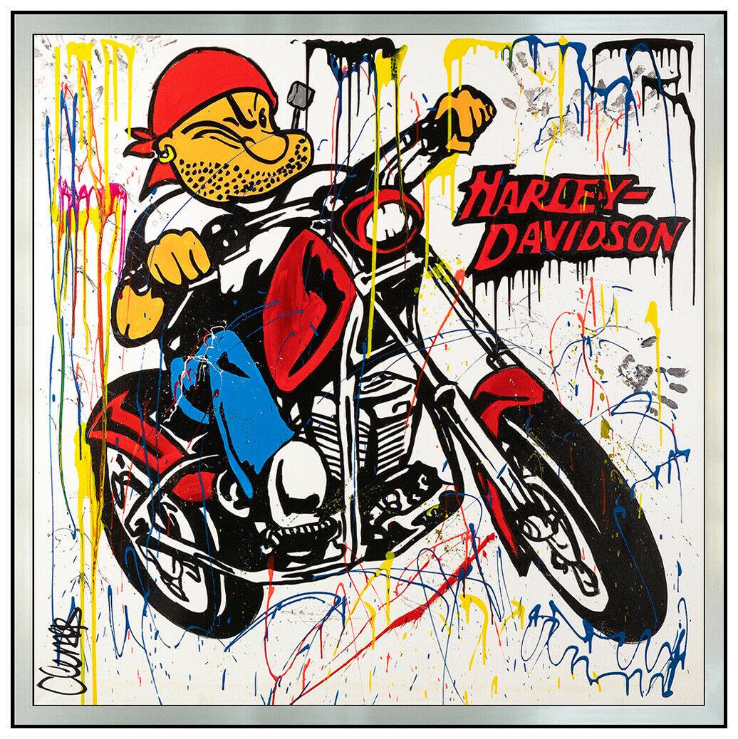 Clem$ Original Large Acrylic Painting On Canvas Popeye Harley Davidson Pop Art (1 of 6)