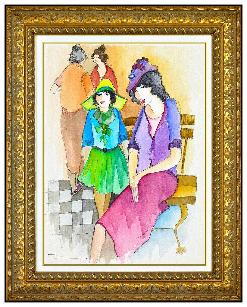 Itzchak Tarkay Original Watercolor Painting Signed Woman Child Cafe Framed Art (1 of 4)