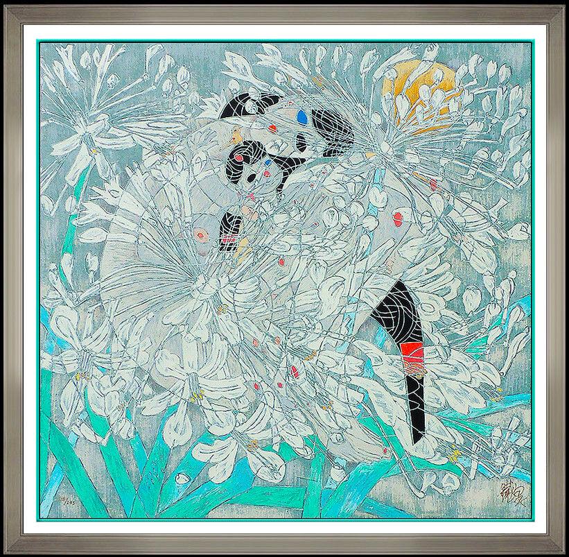Jiang Tie Feng Little White Flowers Color Serigraph Chinese Female Framed Art (1 of 5)