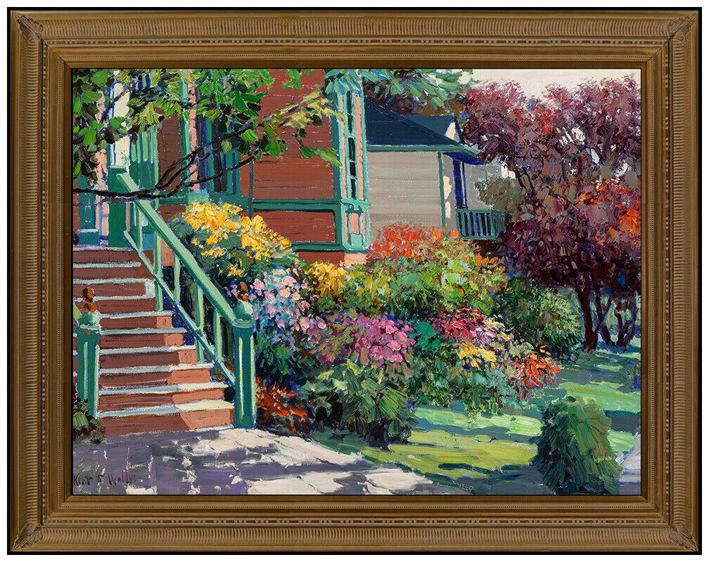 Kent R Wallis Original Oil Painting On Canvas Signed Large Floral Cityscape Art: This lot includes:Gallery COA & free domestic shipping (*insurance and international shipping for an additional charge)Artist: Kent R Wallis Title: Neighborhood AblazeMedium:Oil Painting On CanvasSize