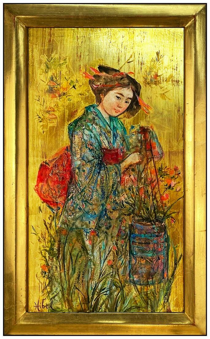 Edna Hibel Oil Painting On Board Signed Female Portrait Floral Framed Artwork (1 of 4)