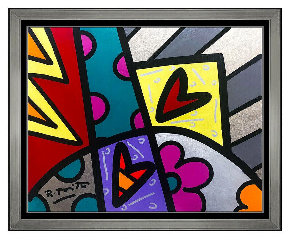 Romero Britto Original Acrylic Painting On Board Signed Pop Art Framed Heart SBO: This lot includes: Gallery COA & free domestic shipping (*insurance and international shipping for an additional charge) Artist: Romero Britto Title: Hearts of Lust Medium: Acrylic Painting On Board S