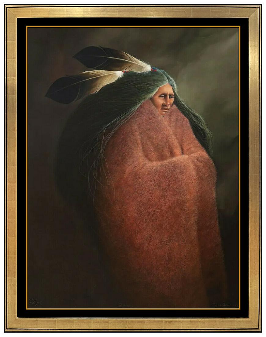 Frank Howell Passages Large Color Lithograph Native American Female Portrait Art: This lot includes:Gallery COA & free domestic shipping (*insurance and international shipping for an additional charge)Artist: Frank HowellTitle: Passages Medium: LithographSize: 45" x 35"Framed: 50"