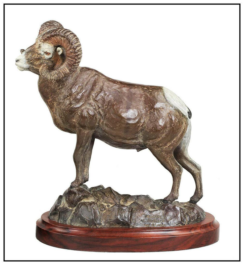 James Stafford Bronze Animal Wildlife Sculpture Rocky Mt Bighorn Sheep Signed: This lot includes:Gallery COA & free domestic shipping (*insurance and international shipping for an additional charge)Artist: James StaffordTitle: Rocky Mt. BighornMedium: BronzeSize: 16" x 6" x 15"S