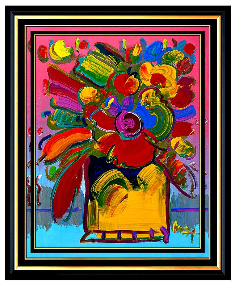 PETER MAX all Original ACRYLIC PAINTING Pop ART FLOWERS Signed ART Vase of oil: This lot includes:Gallery COA & free domestic shipping (*insurance and international shipping for an additional charge)Artist: Peter MaxTitle: POP ART FLOWERSMedium: Lower RightSize: 20" x 16"Framed:
