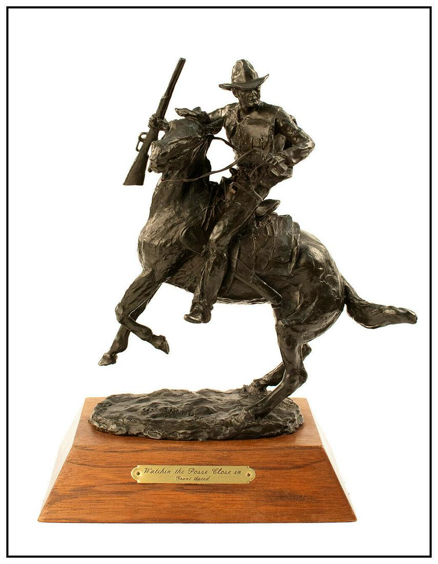 Grant Speed Western Bronze Sculpture Signed Watchin The Posse Close In Horse Art (1 of 5)