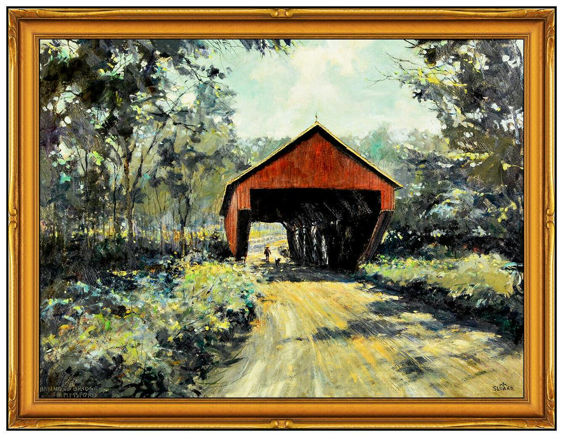 Eric Sloane Original Painting Oil On Board Signed Rural Landscape Bridge Artwork: This lot includes:Gallery COA & free domestic shipping (*insurance and international shipping for an additional charge)Artist: Eric SloaneTitle: Hammond Bridge (Pittsford, VT)Medium: Oil On BoardSize: